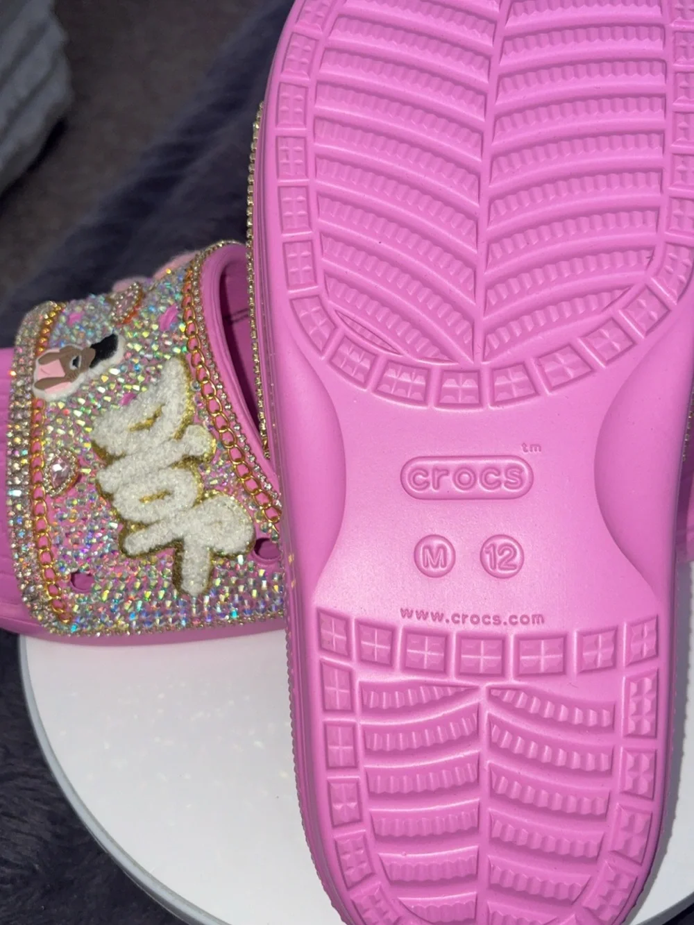 CROCS Pink Glitter Slide Sandals with Embellished Straps